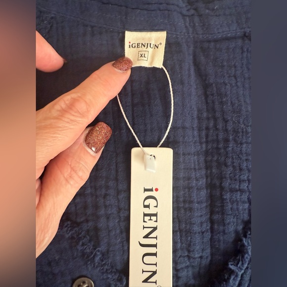 Igenjun Navy Gauze V Neck Beach Pool Coverup NWT XL Resort Wear Swim Tunic LS - Picture 8 of 10